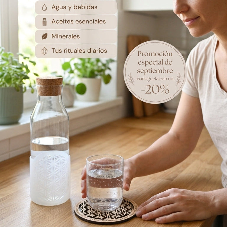Flor de la vida con palabras grabadas de gratitud - Armoniza tu agua y tus aceites