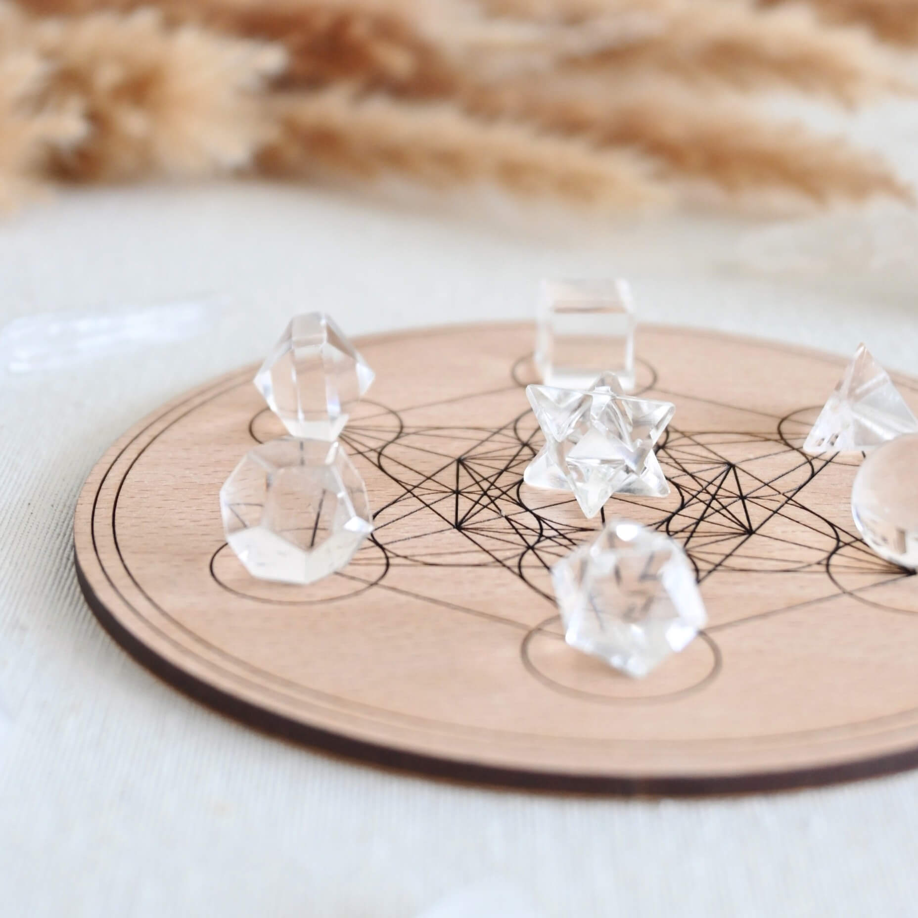 Set sólidos platónicos de cuarzo cristal + Placa con metatrón