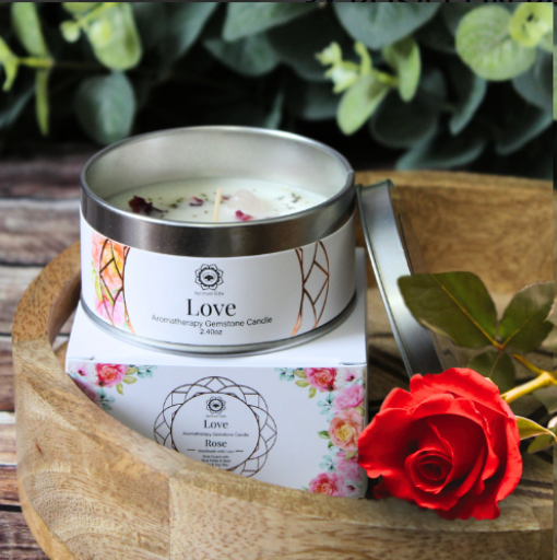 Vela artesanal con cuarzo rosa - Amor & armonía