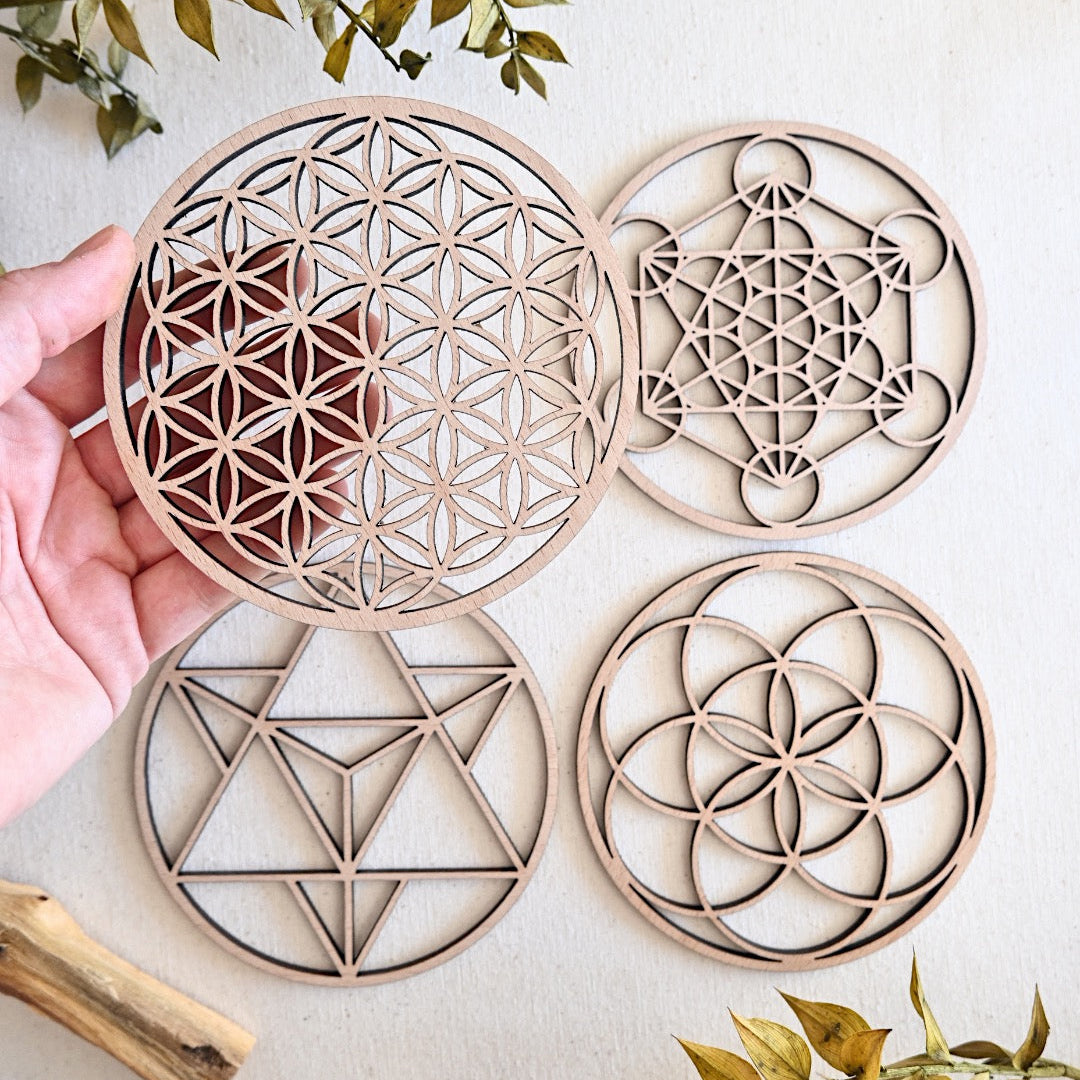 Pack de 4 piezas de Geometría Sagrada en madera de haya