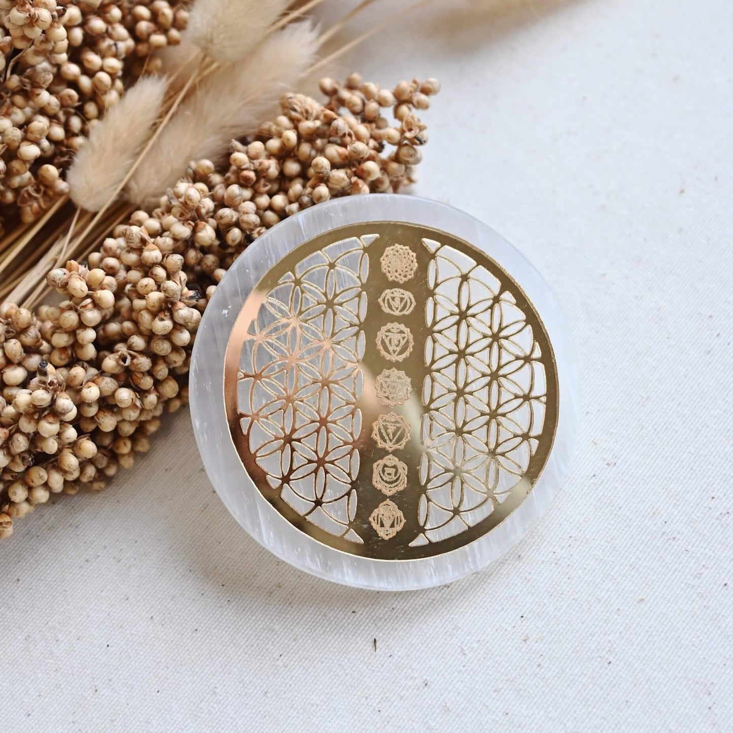 Base selenita 8cm Flor de la vida 7 chakras