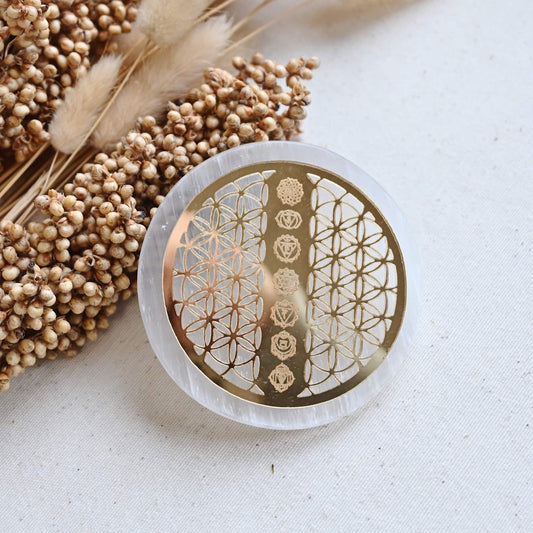 Base selenita 8cm Flor de la vida 7 chakras