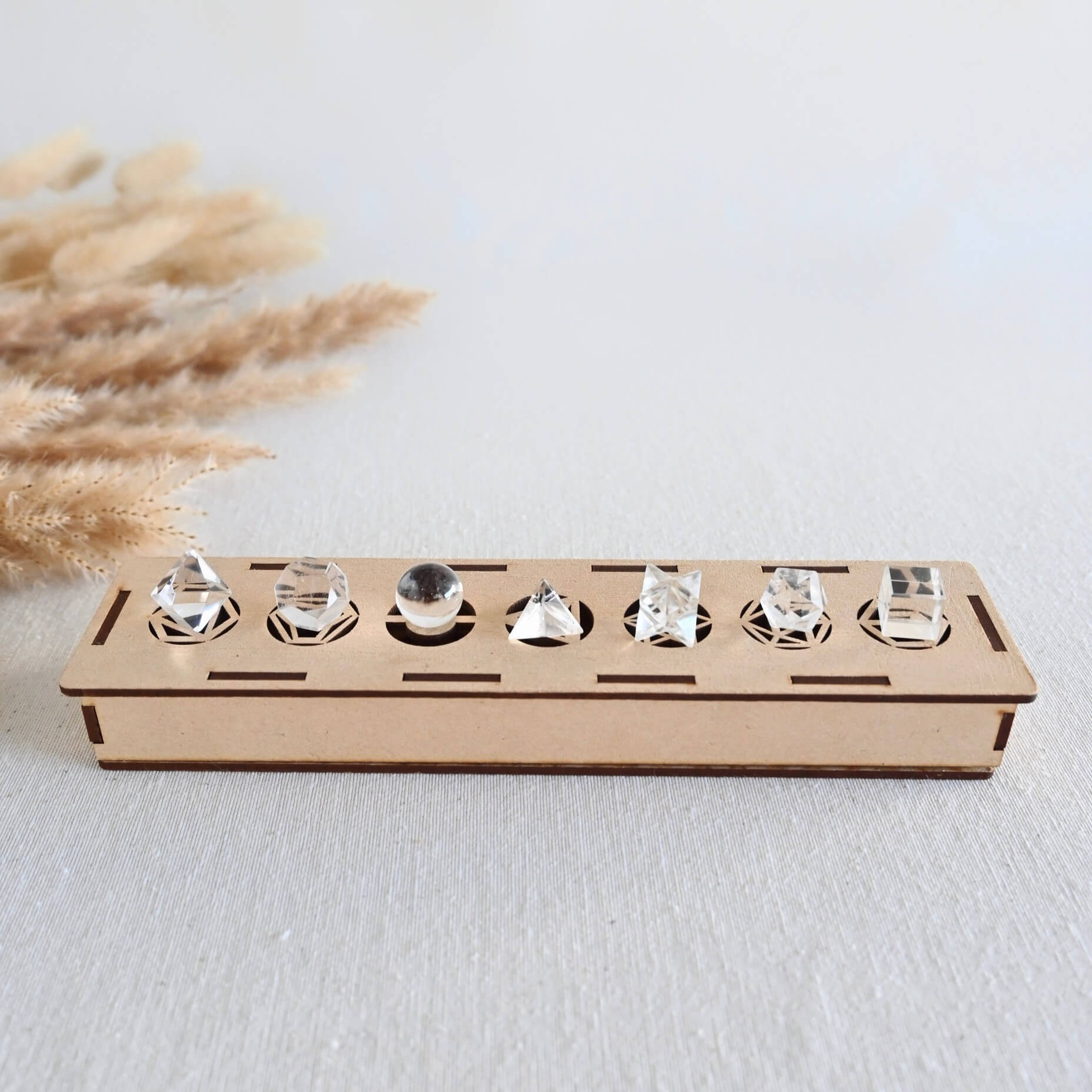 Set sólidos platónicos de cuarzo cristal + Placa con metatrón